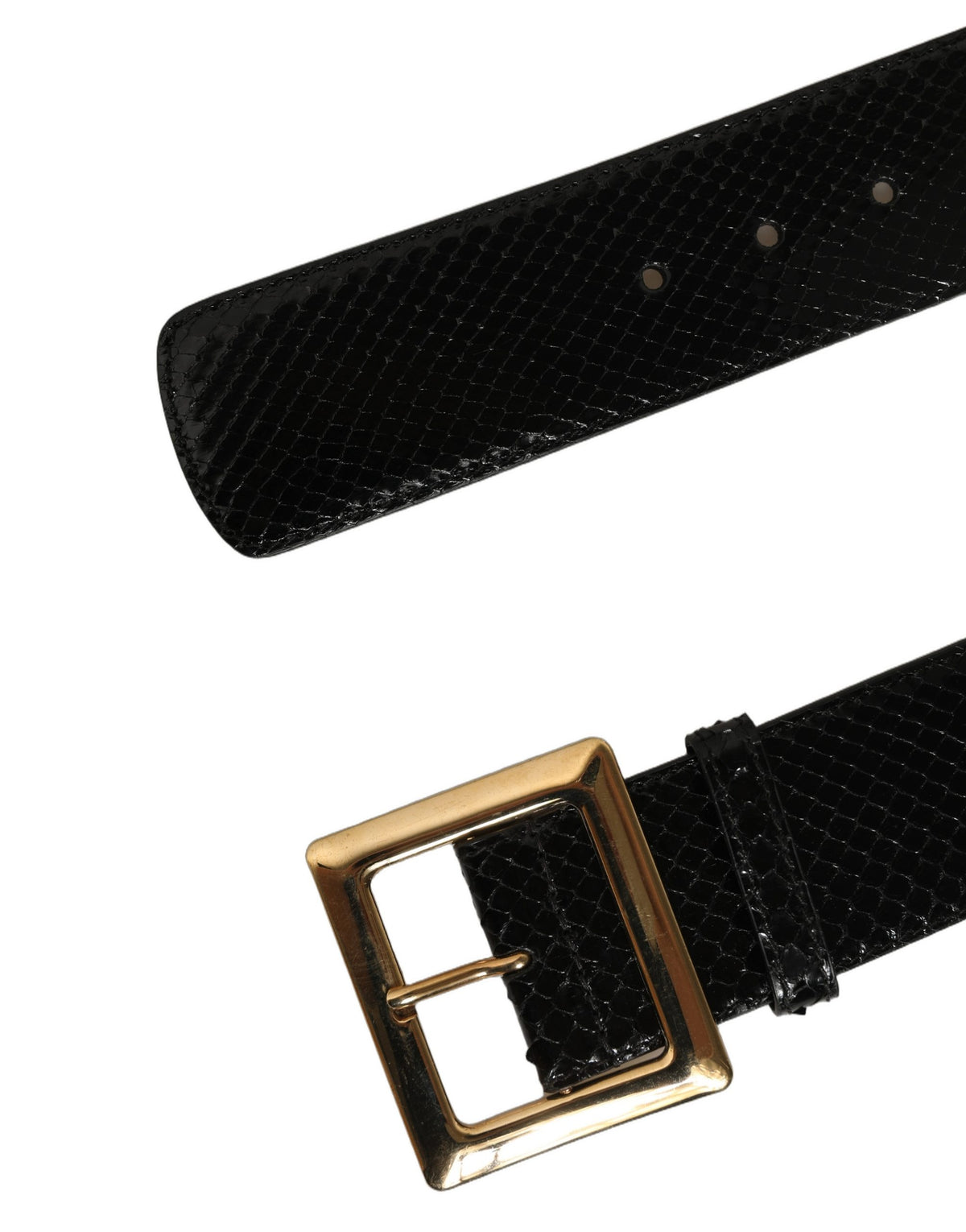 Black Exotic Leather Gold Metal Buckle Belt