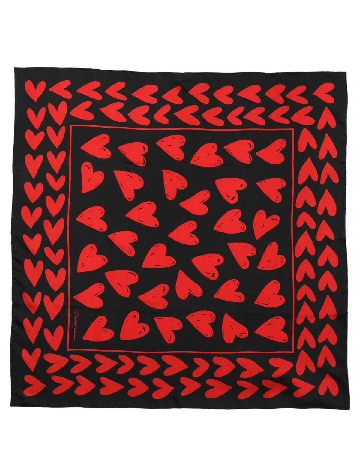 Black Red Silk Hearts Square Foulard Scarf