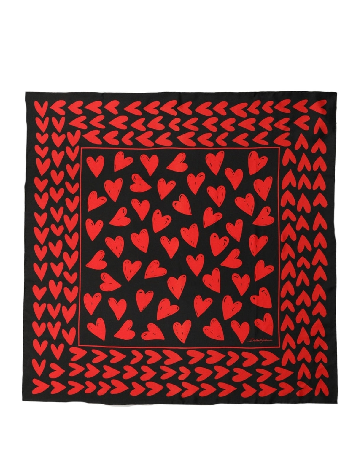 Black Red Silk Hearts Square Foulard Scarf