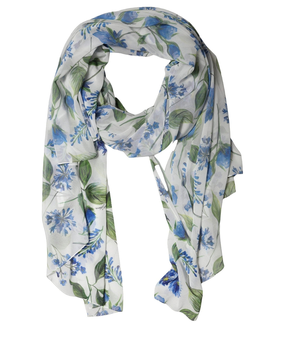 White Blue Floral Polyester Stole Scarf