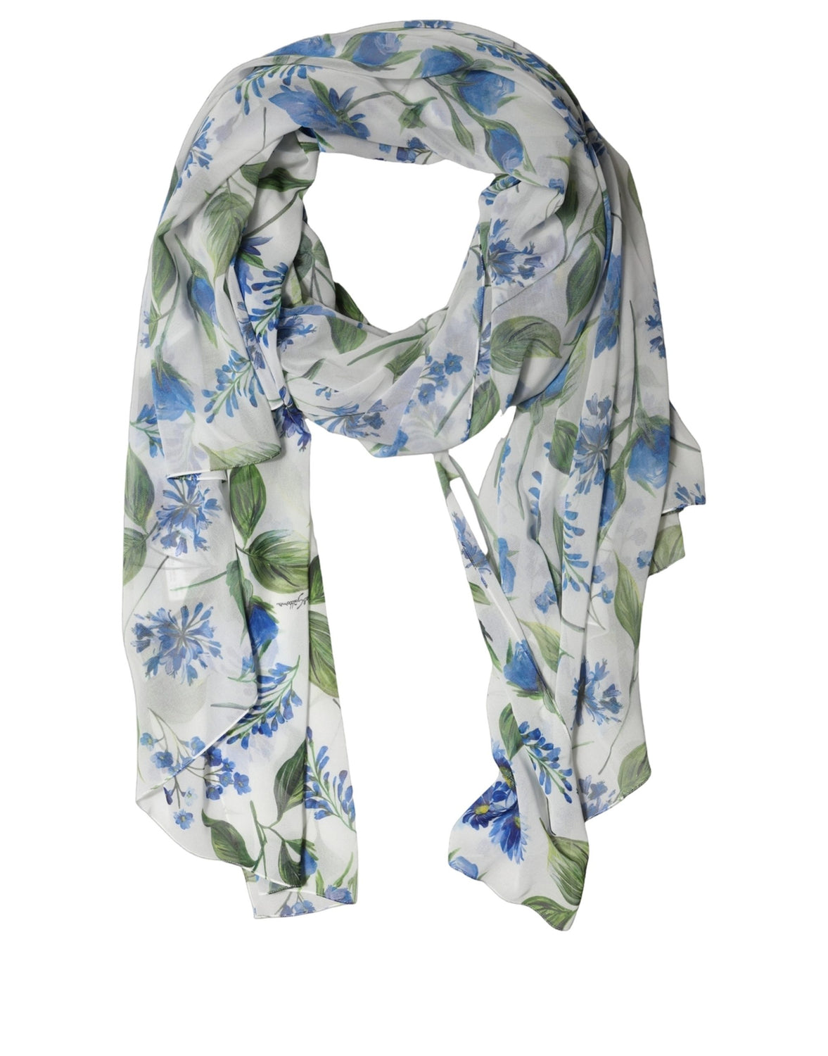 White Blue Floral Polyester Stole Scarf