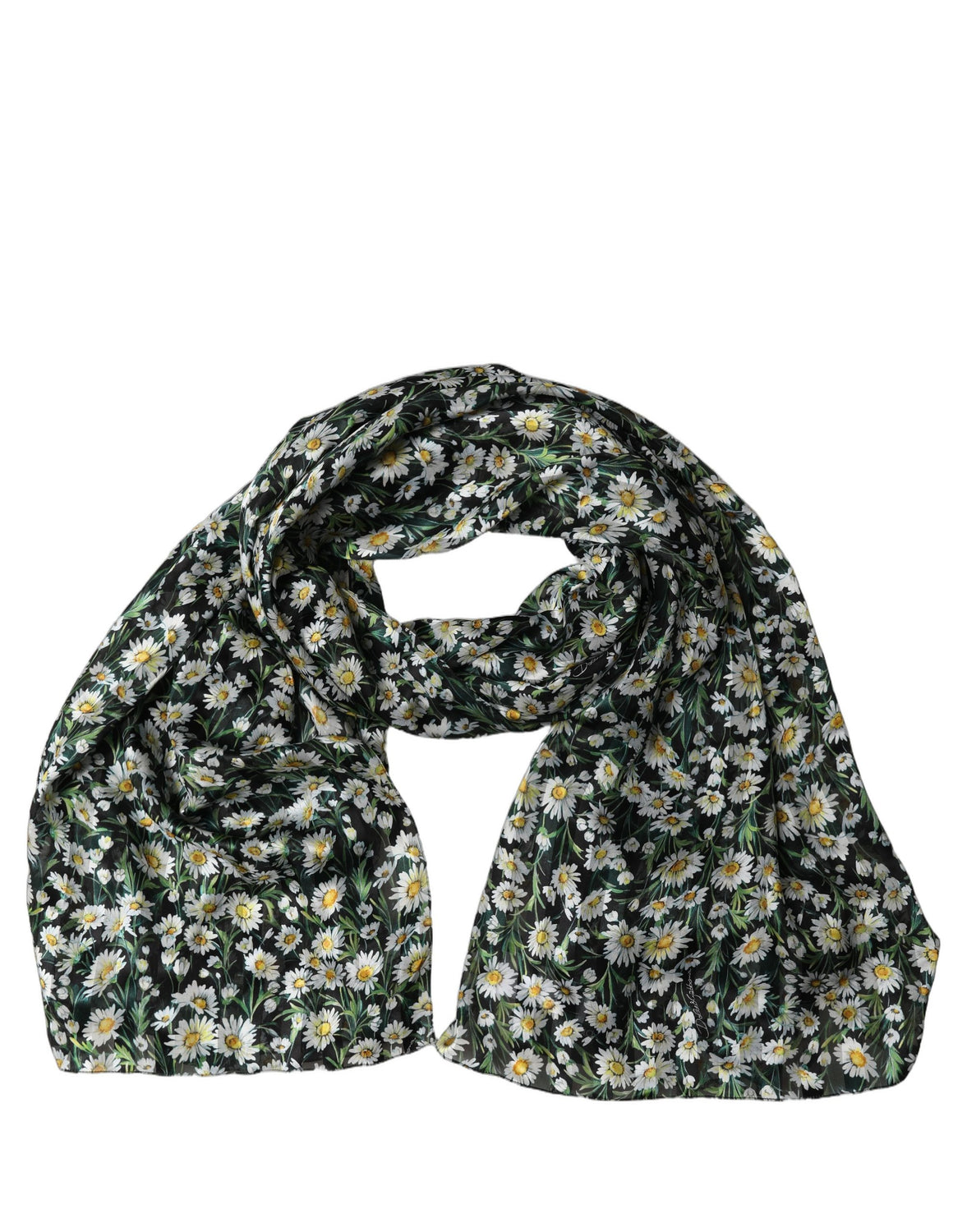 Black Silk Daisy Chiffon Long Stole Scarf