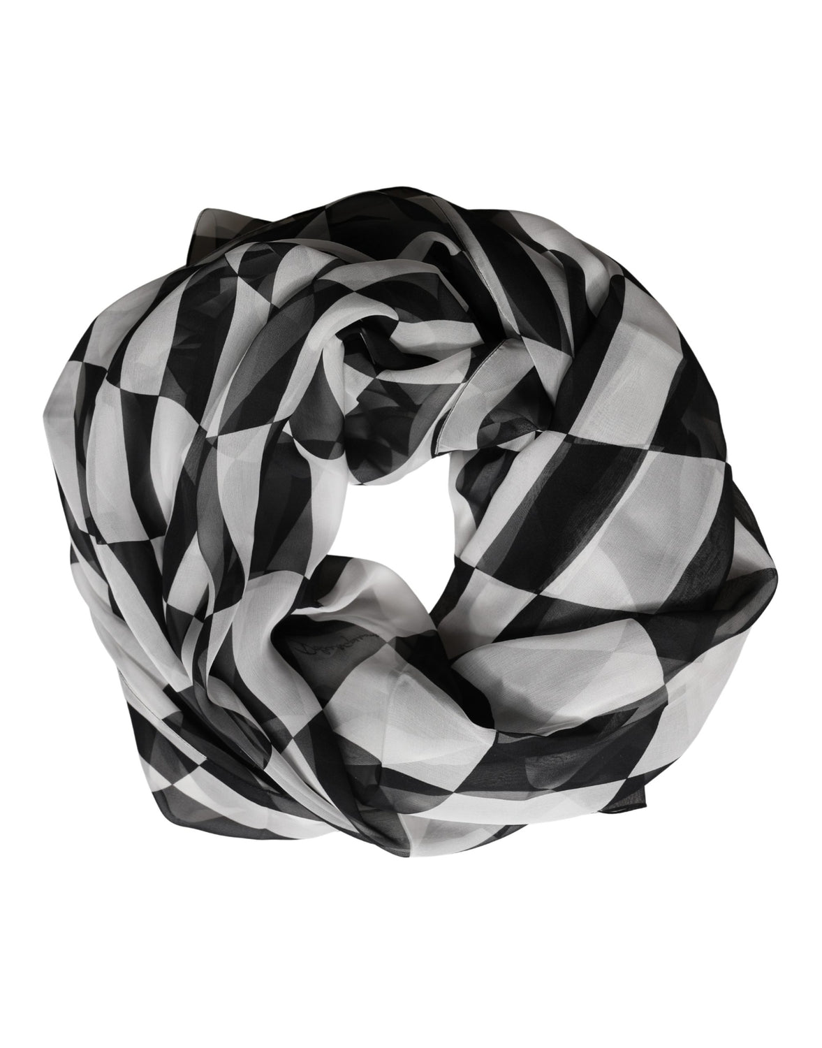 White Black Checkered Silk Foulard Scarf