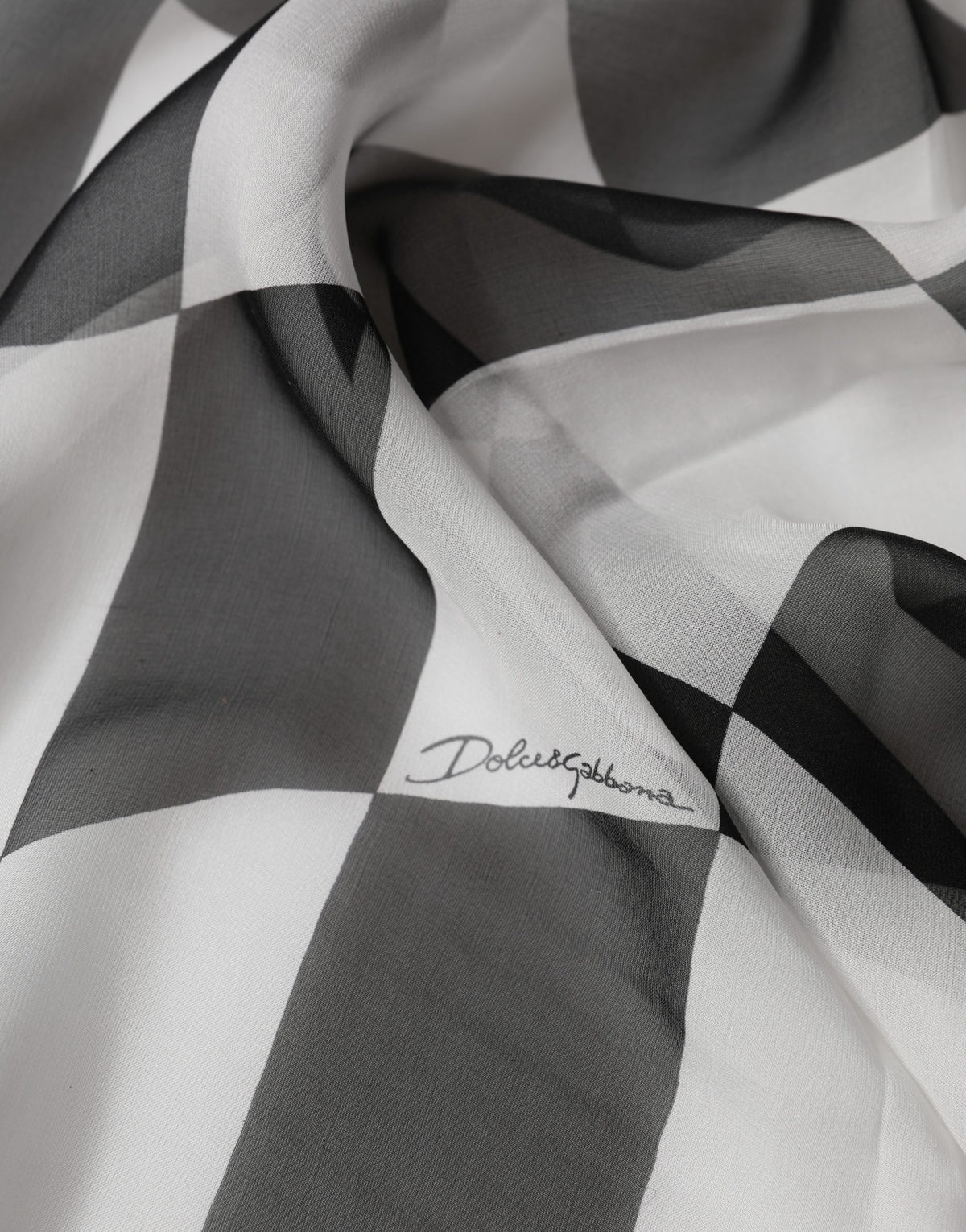 White Black Checkered Silk Foulard Scarf