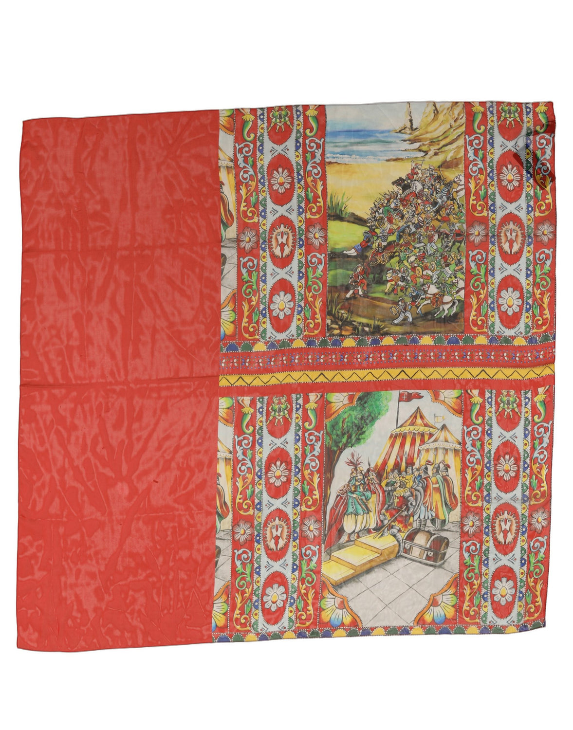 Red Silk Historical Print Foulard Scarf
