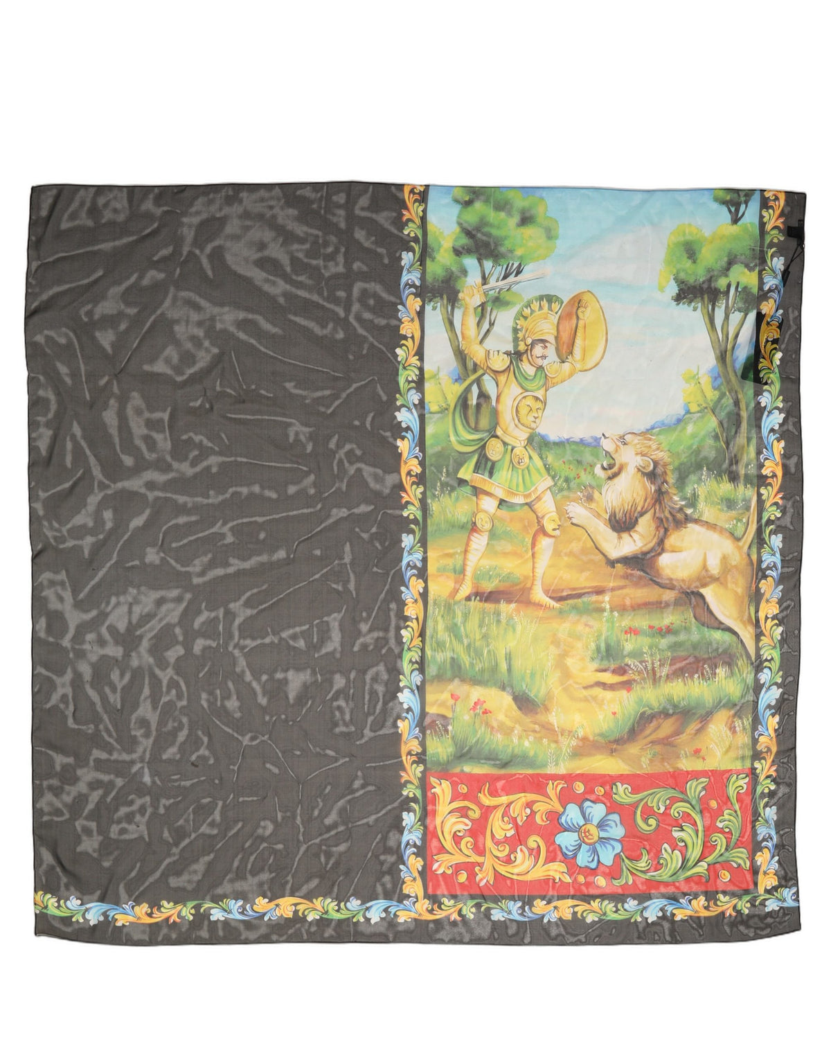 Dark Gray Silk Scenery Print Foulard Scarf