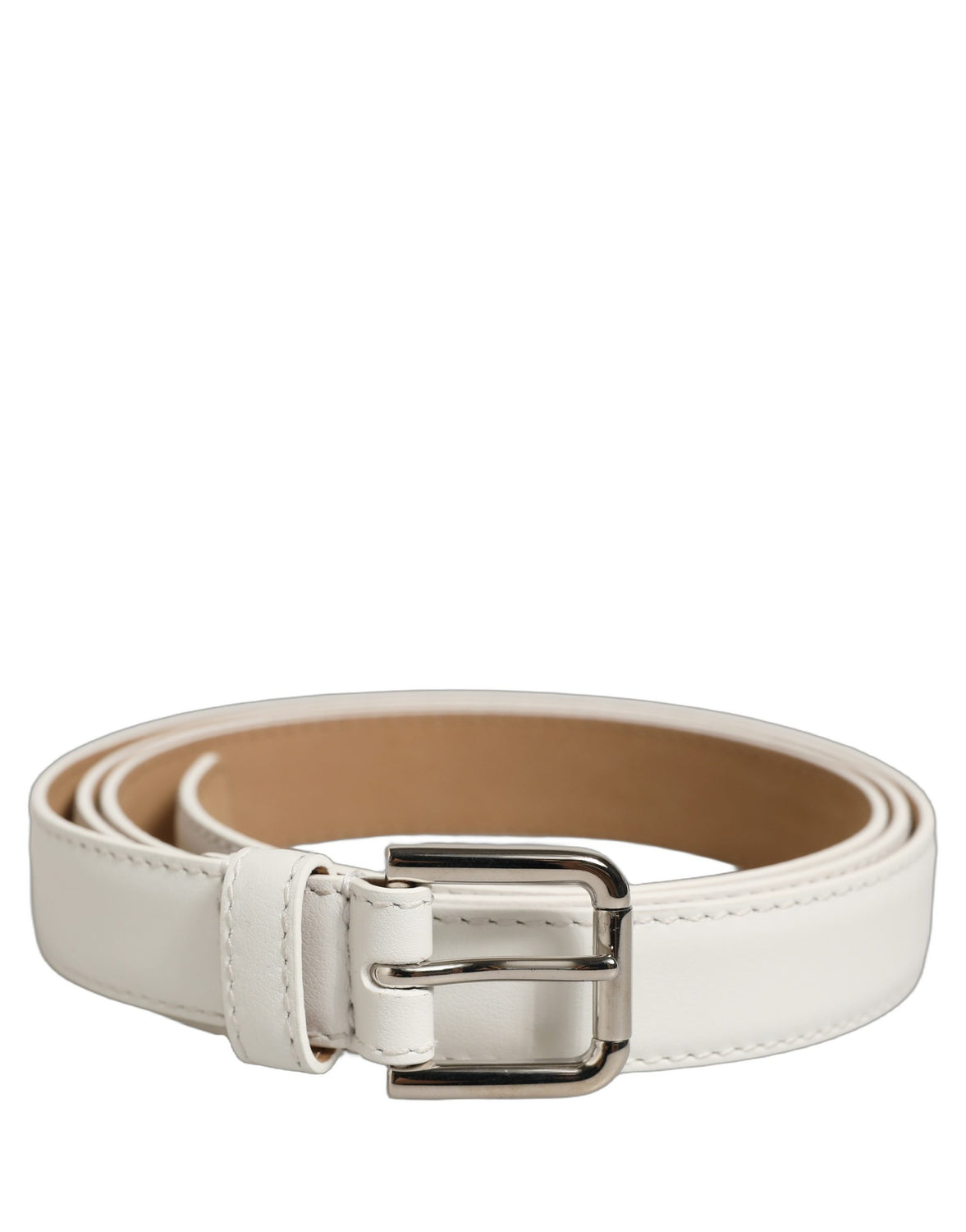 White Leather Silver Tone Metal Buckle Belt