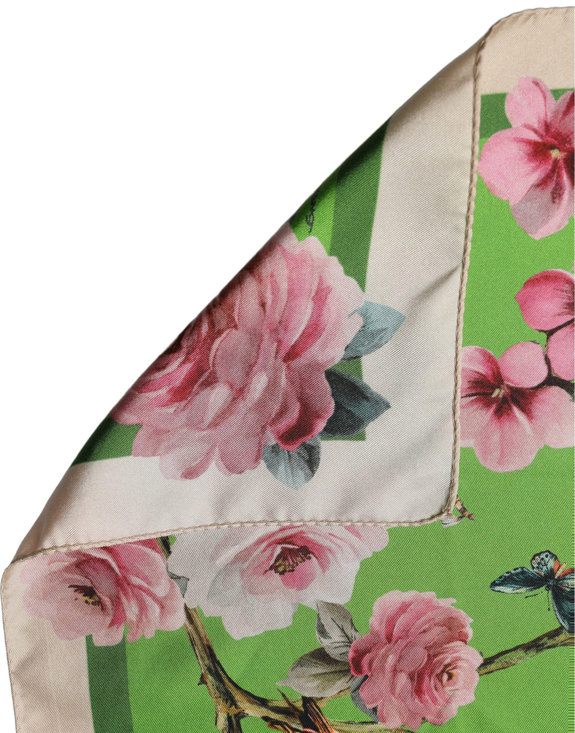 Green Floral Print Silk Square Foulard Scarf