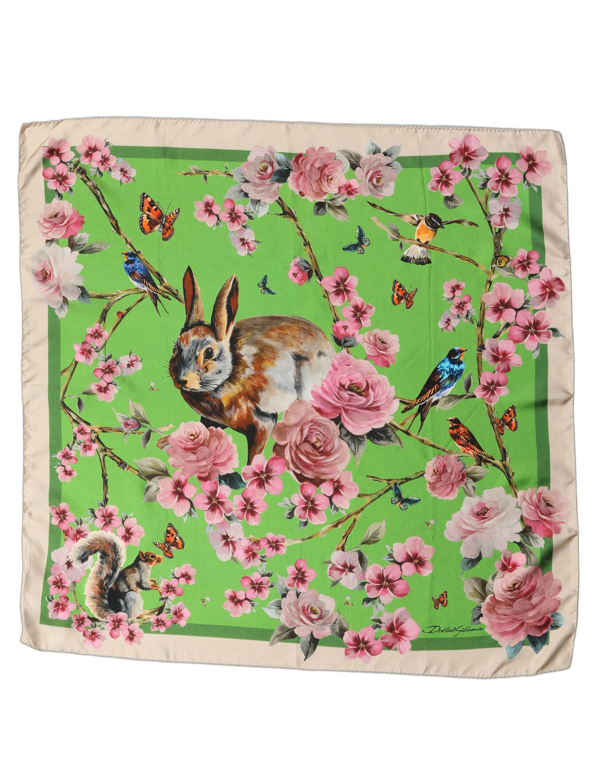 Green Floral Print Silk Square Foulard Scarf