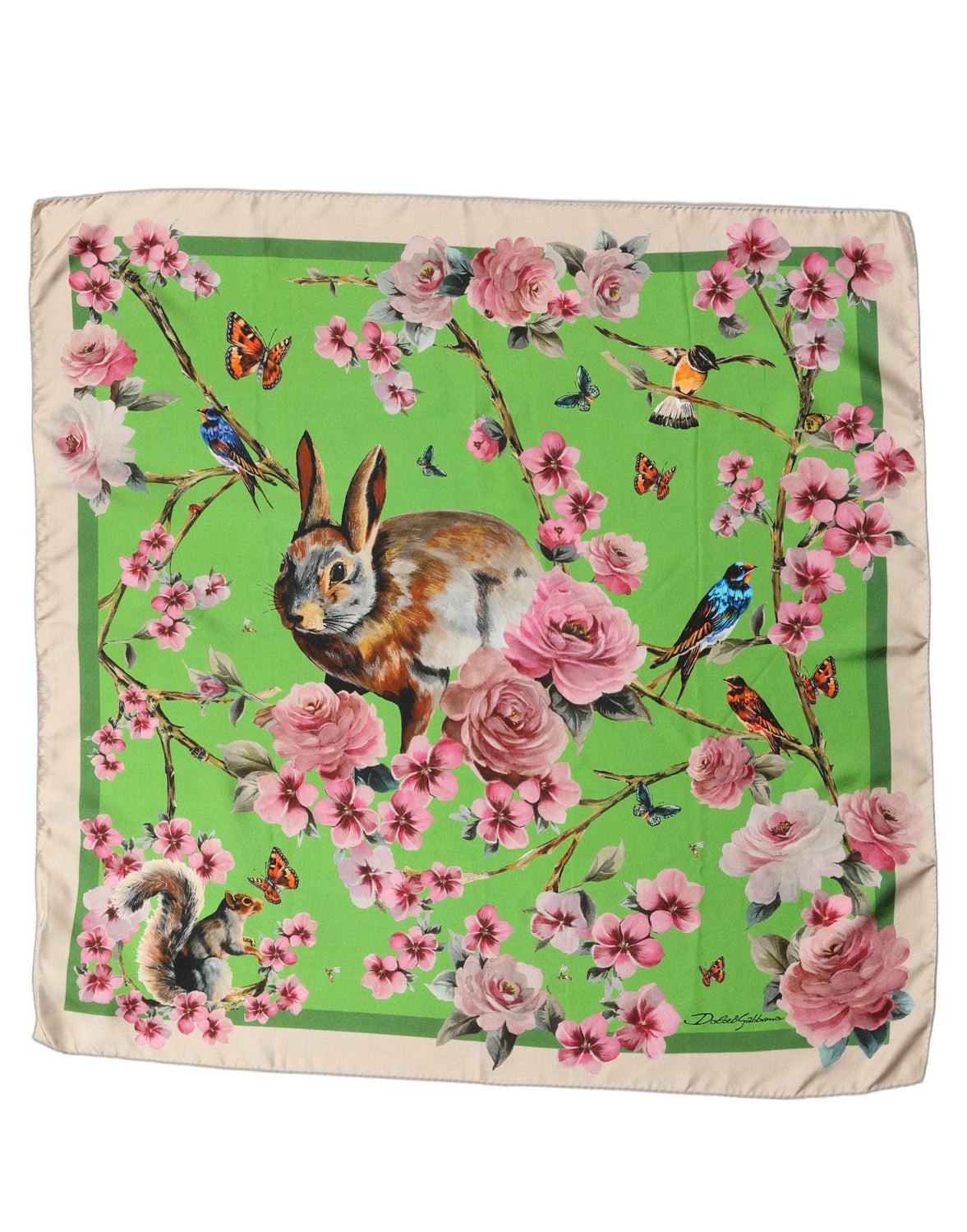 Green Floral Print Silk Square Foulard Scarf