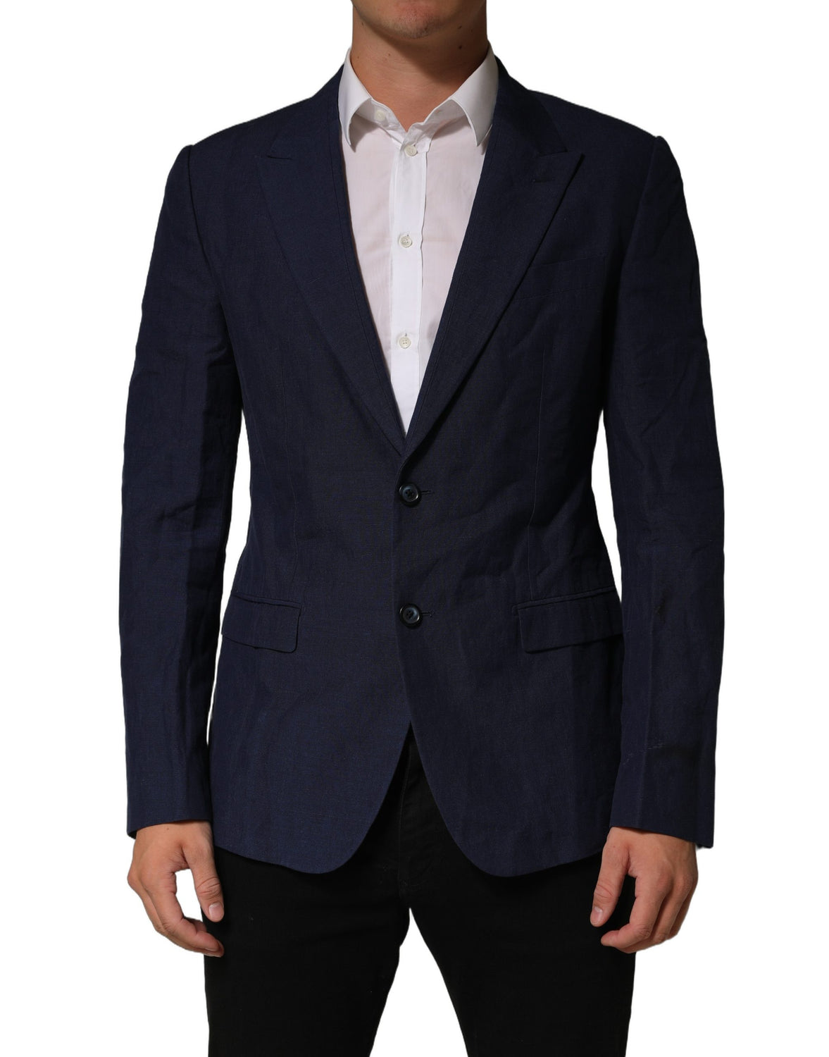 Dark Blue Flax Men Single Breasted Jacket