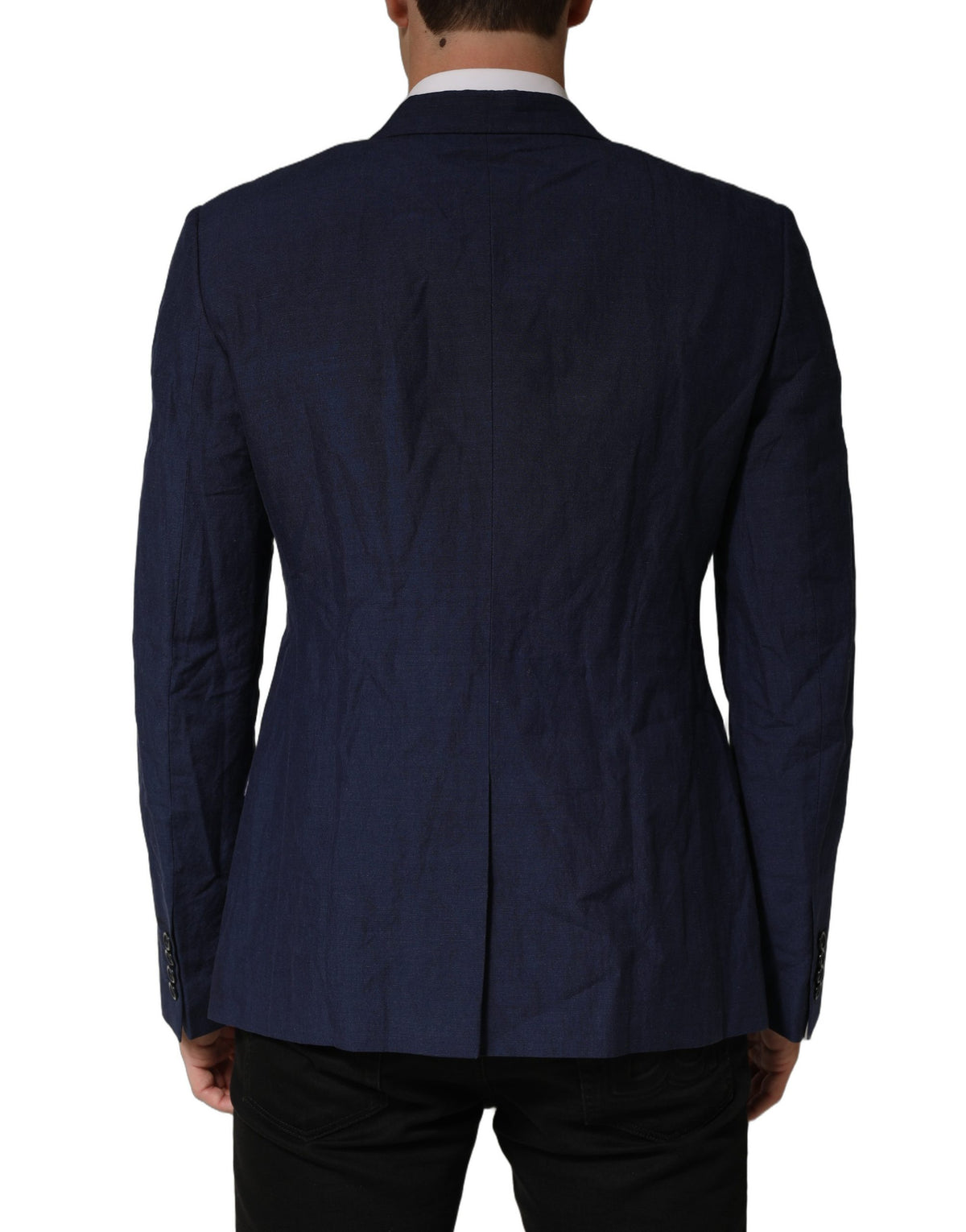 Dark Blue Flax Men Single Breasted Jacket