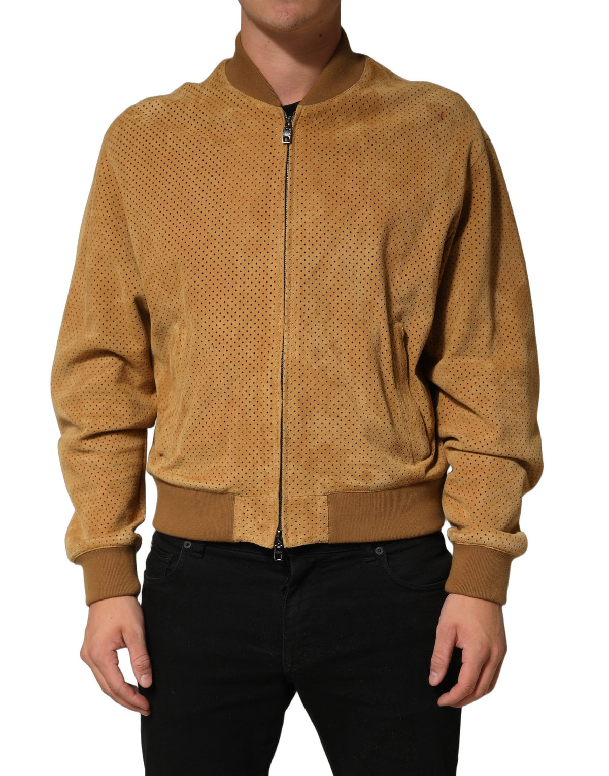 Beige Leather Perforated Full Zip Men Jacket