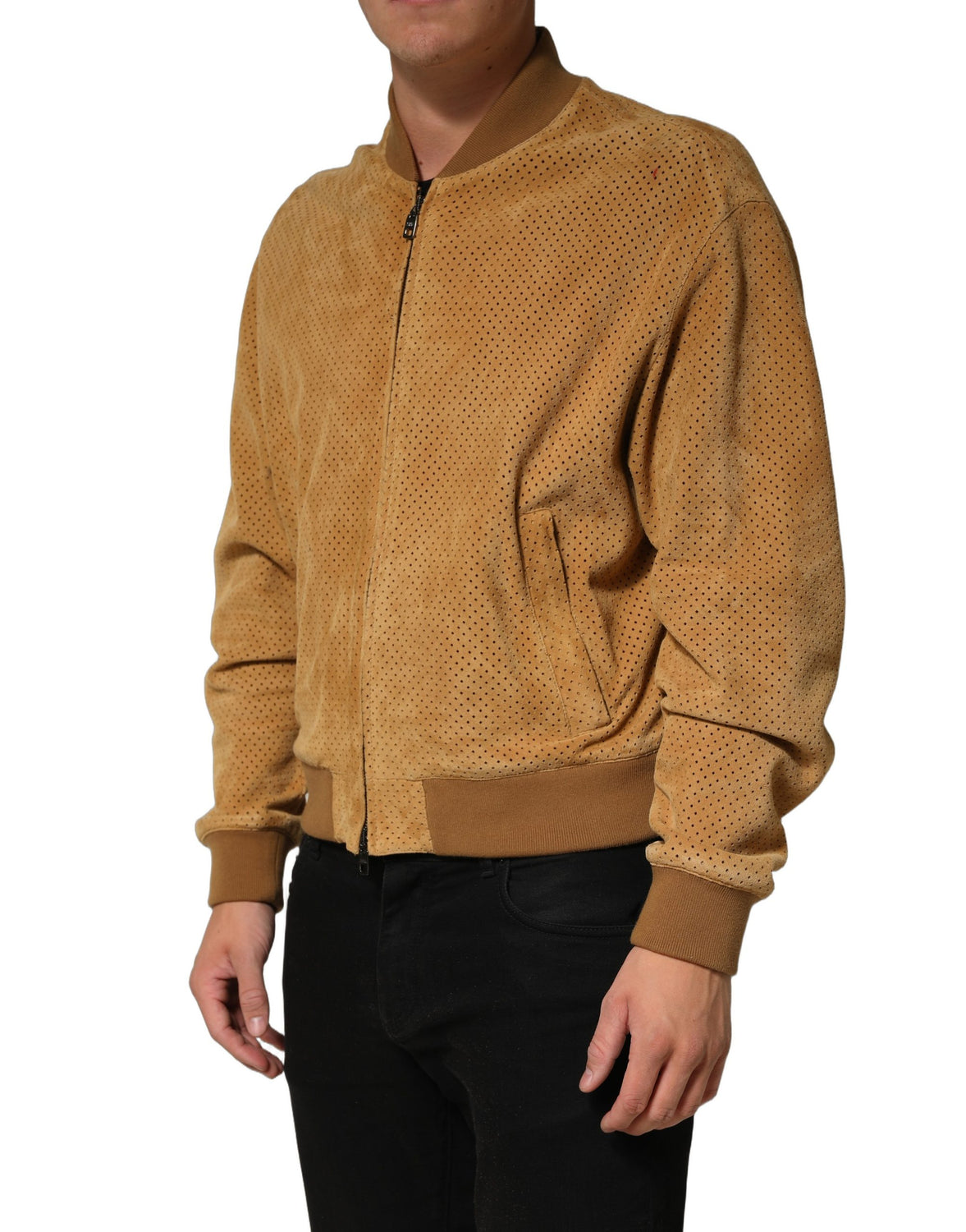 Beige Leather Perforated Full Zip Men Jacket