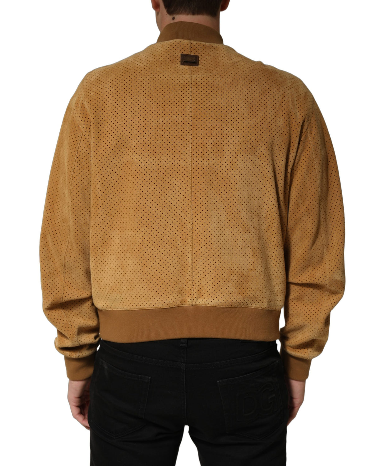 Beige Leather Perforated Full Zip Men Jacket