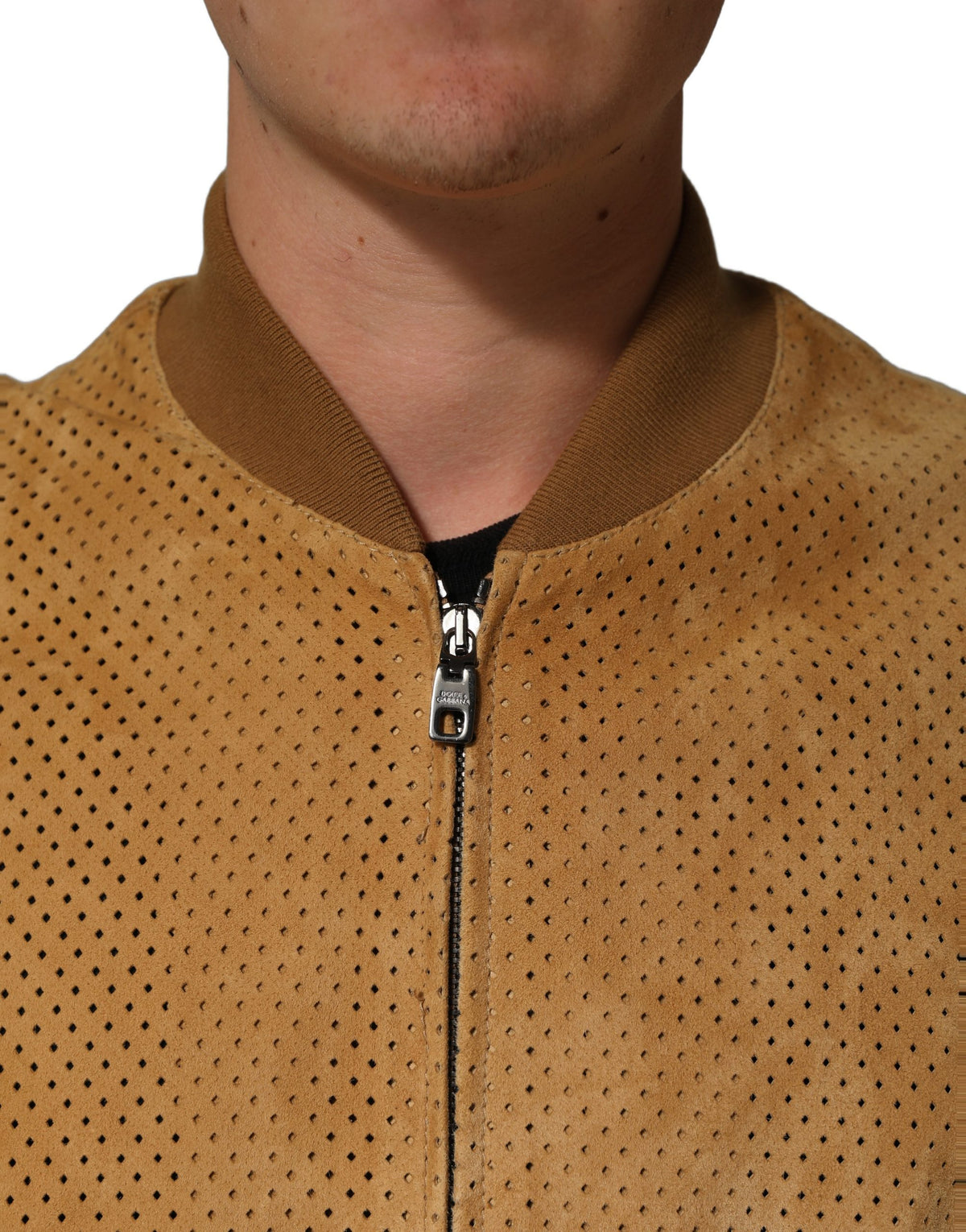 Beige Leather Perforated Full Zip Men Jacket