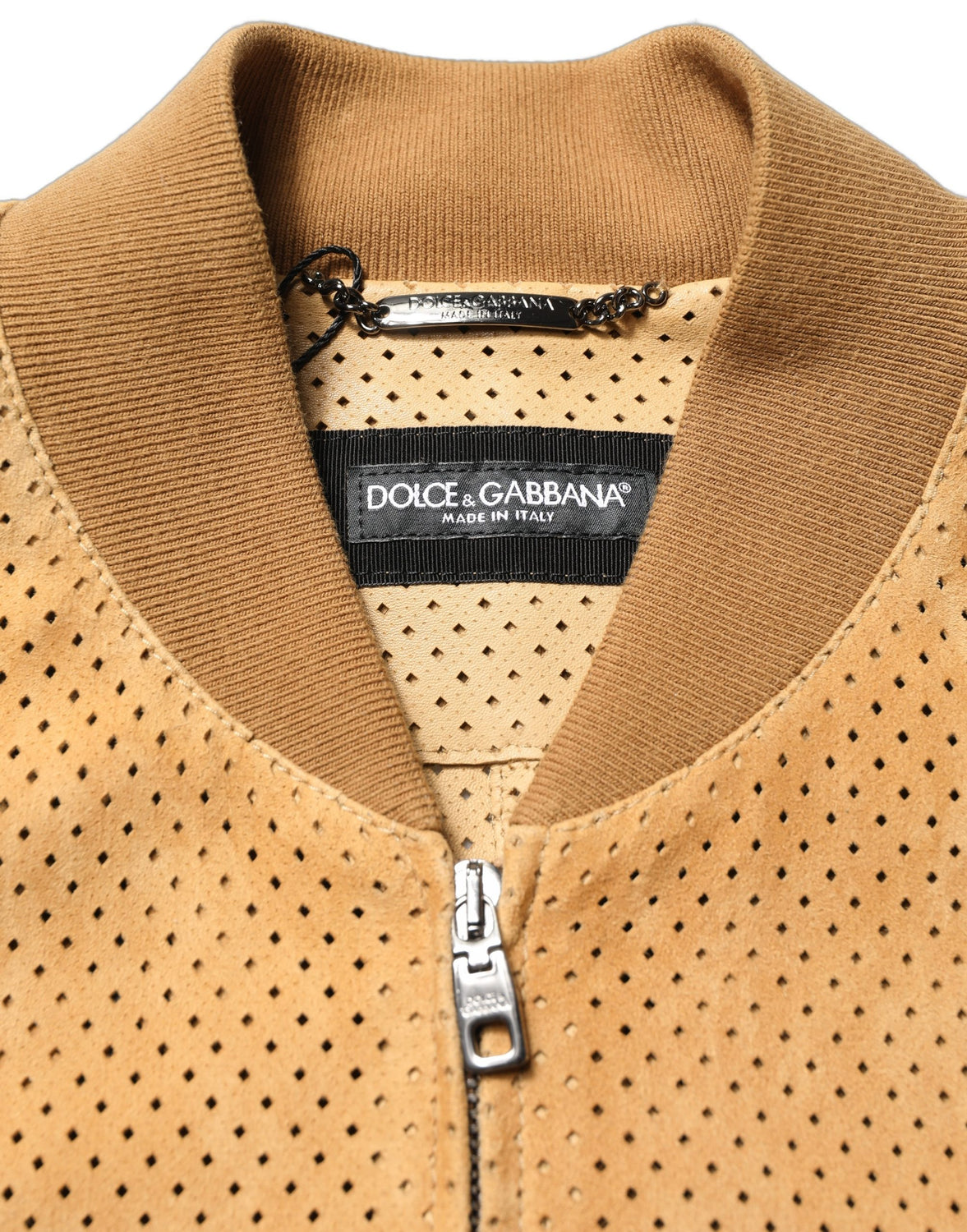 Beige Leather Perforated Full Zip Men Jacket