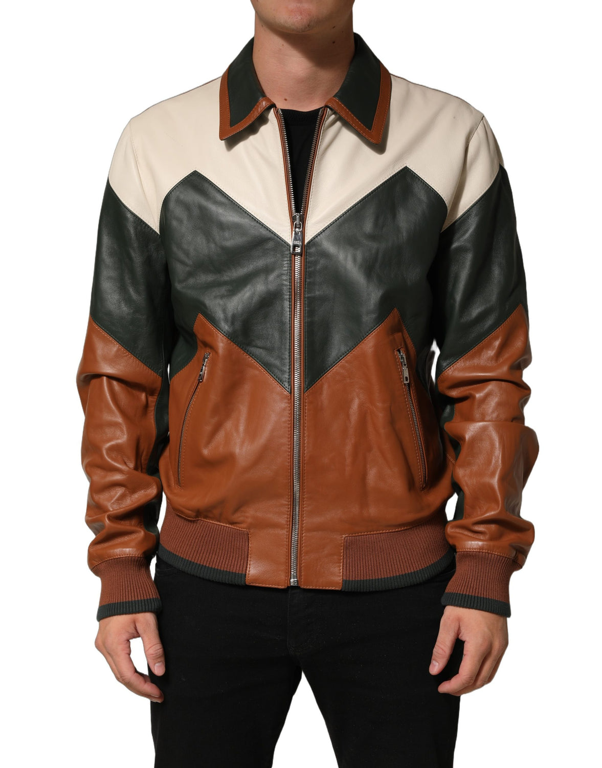 Multicolored Leather Full Zip Men Jacket