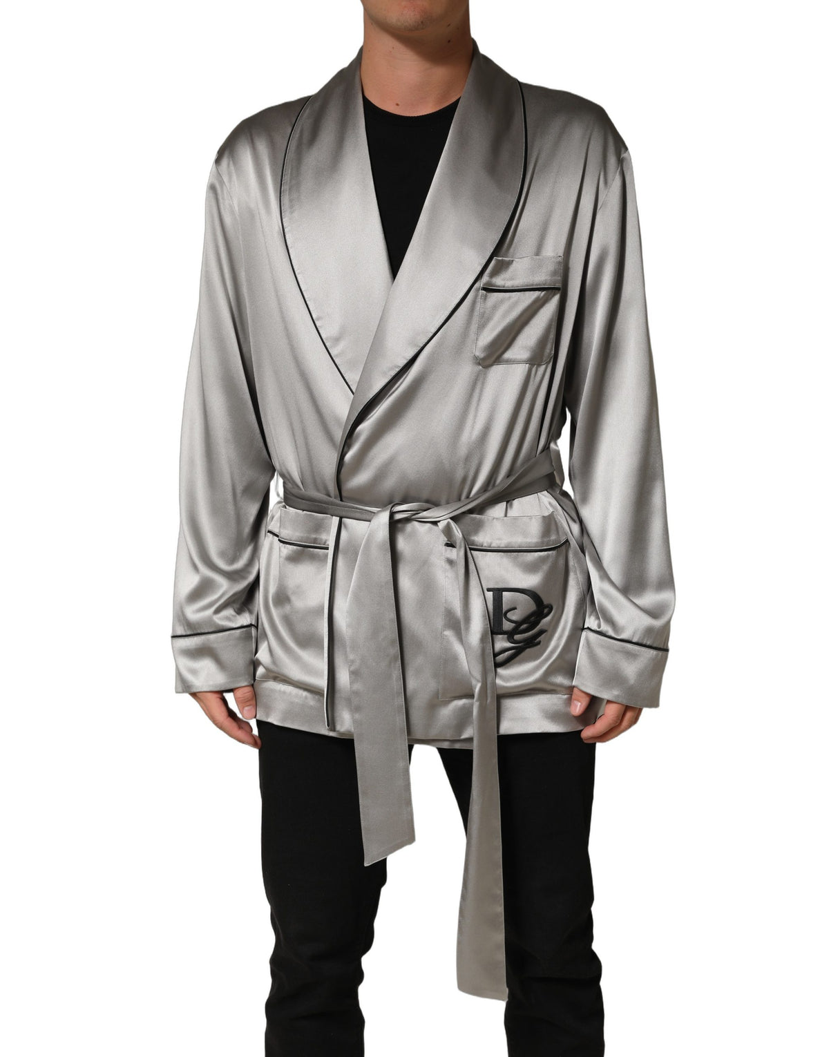 Gray Silk Satin Robe Embroidered Jacket