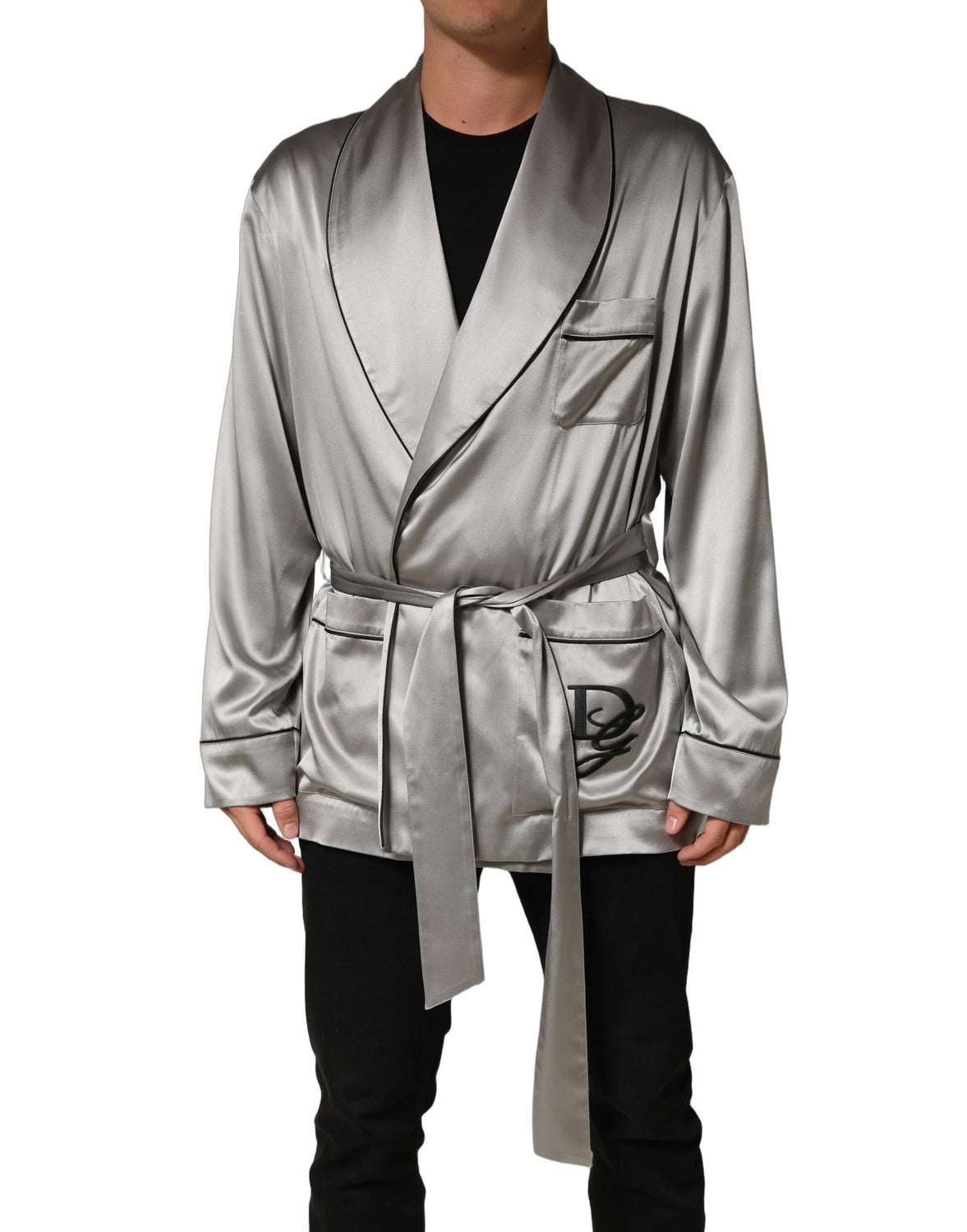 Gray Silk Satin Robe Embroidered Jacket