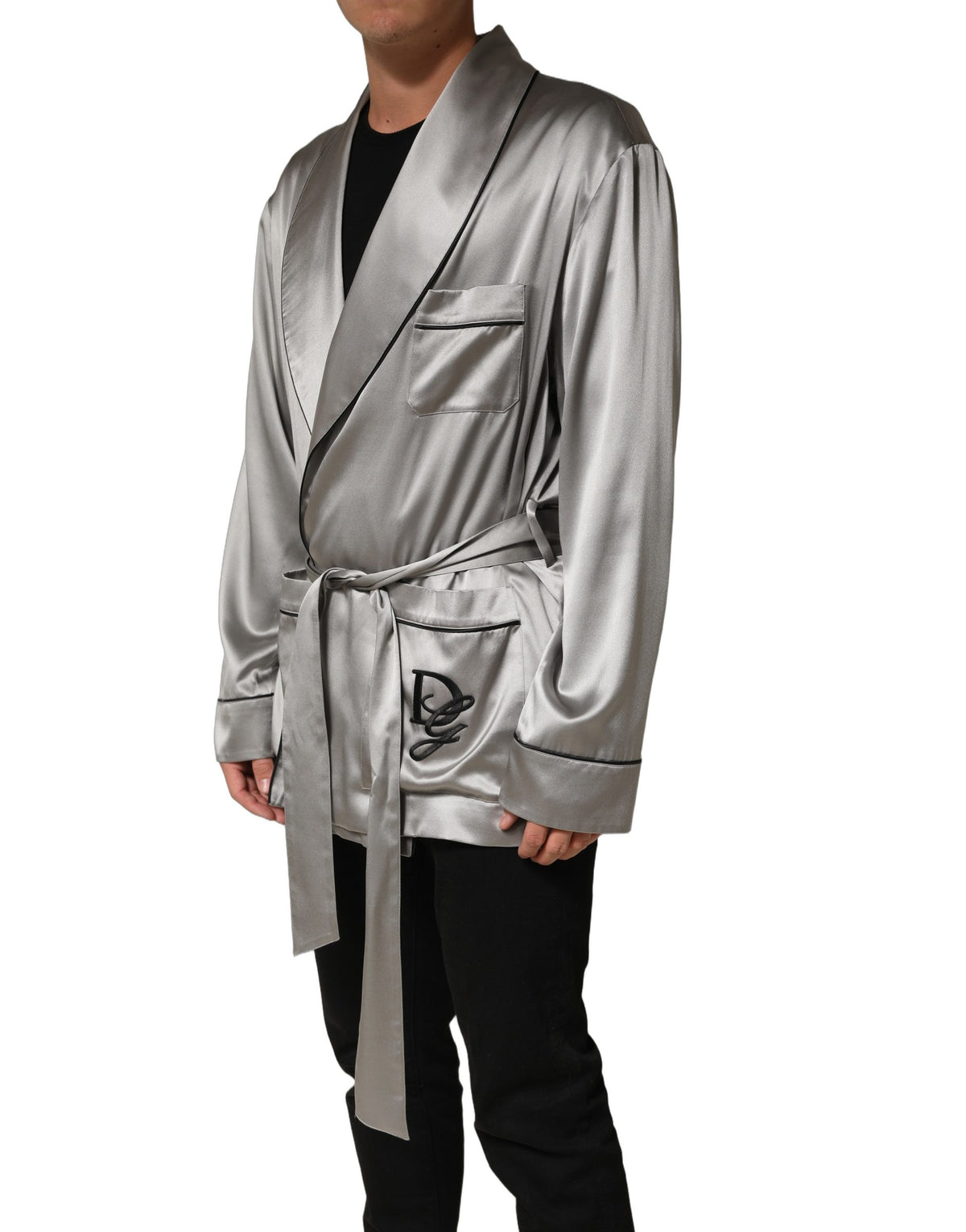 Gray Silk Satin Robe Embroidered Jacket