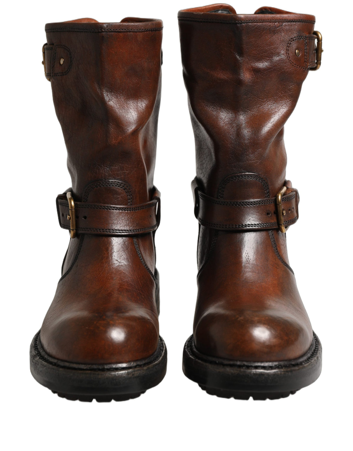 Brown Leather Mid Calf Biker Boots Shoes