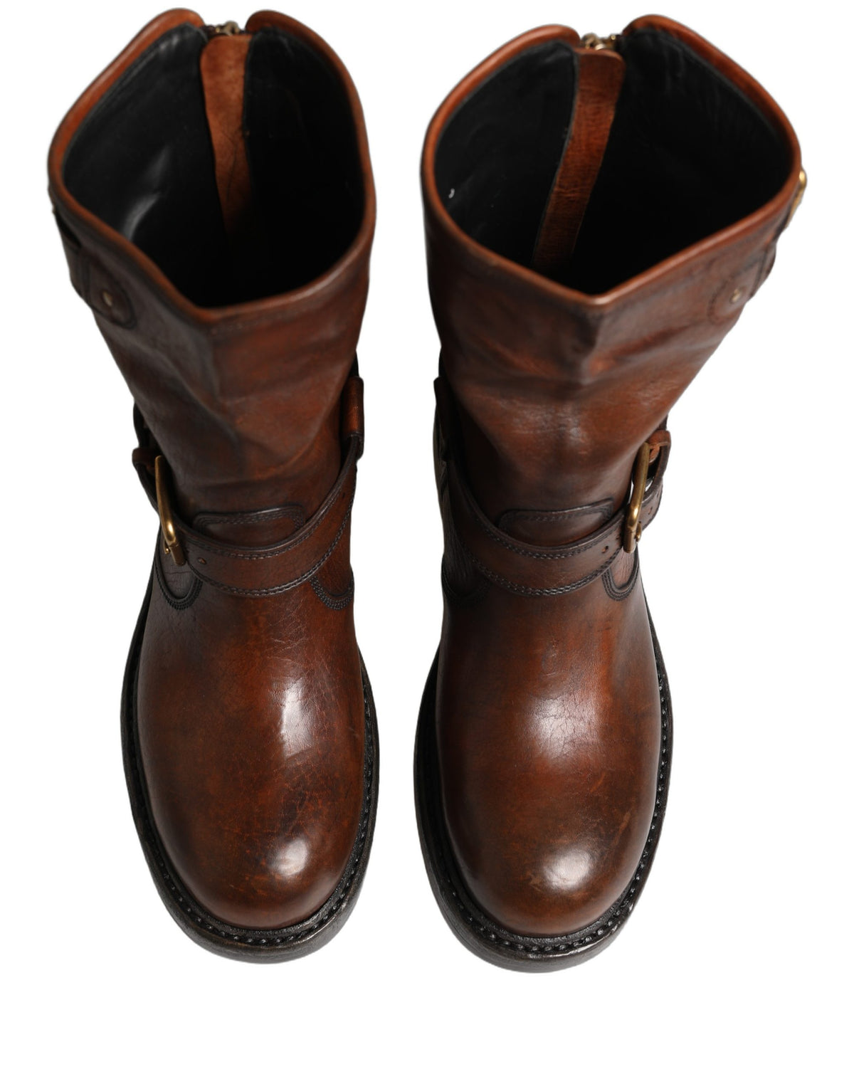 Brown Leather Mid Calf Biker Boots Shoes