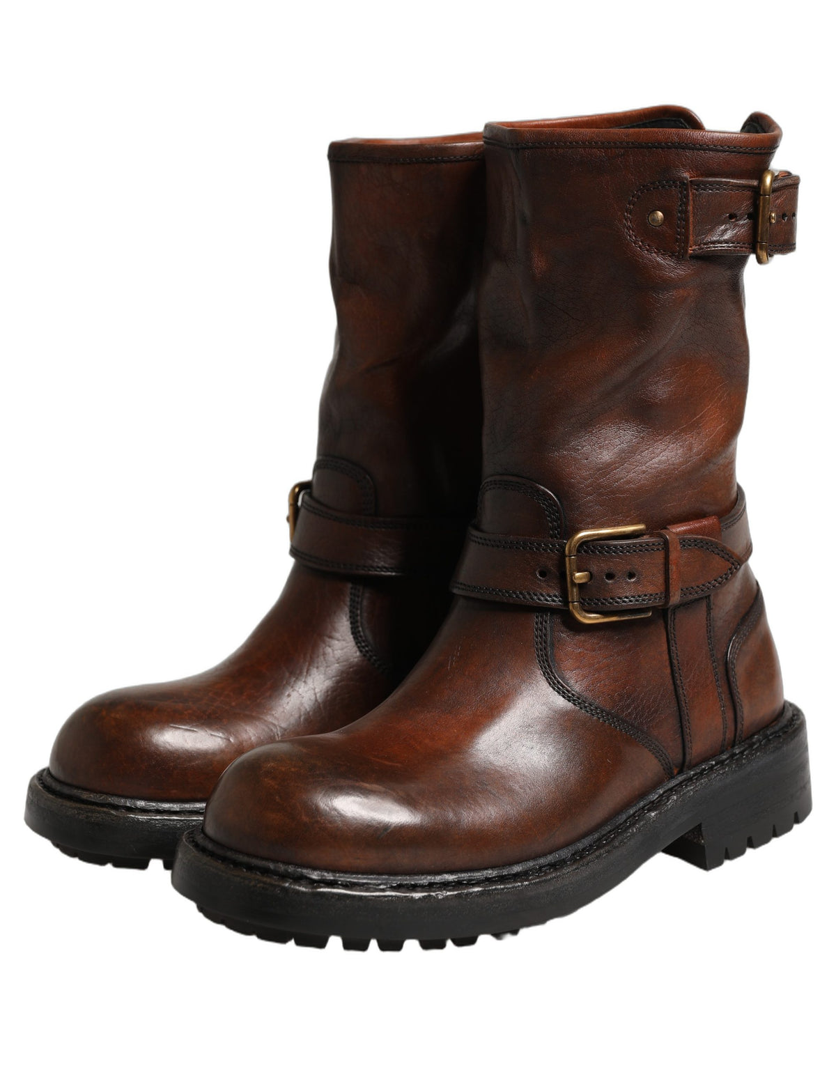 Brown Leather Mid Calf Biker Boots Shoes