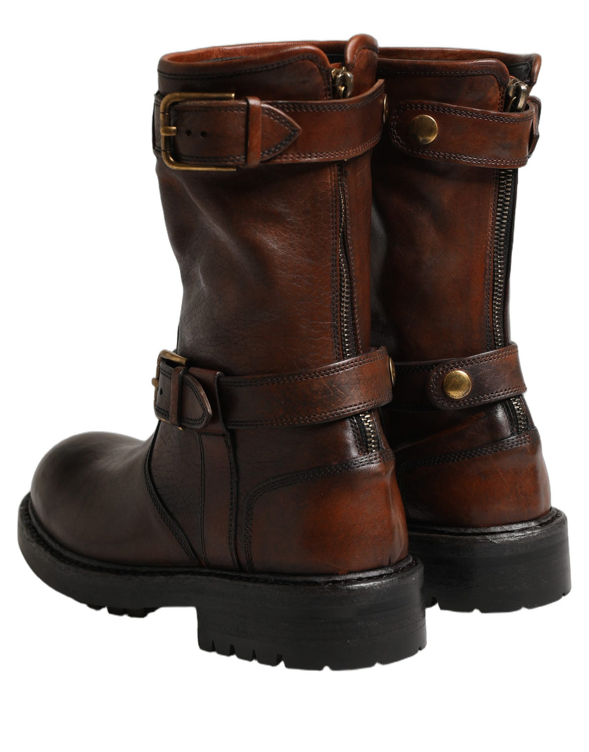 Brown Leather Mid Calf Biker Boots Shoes