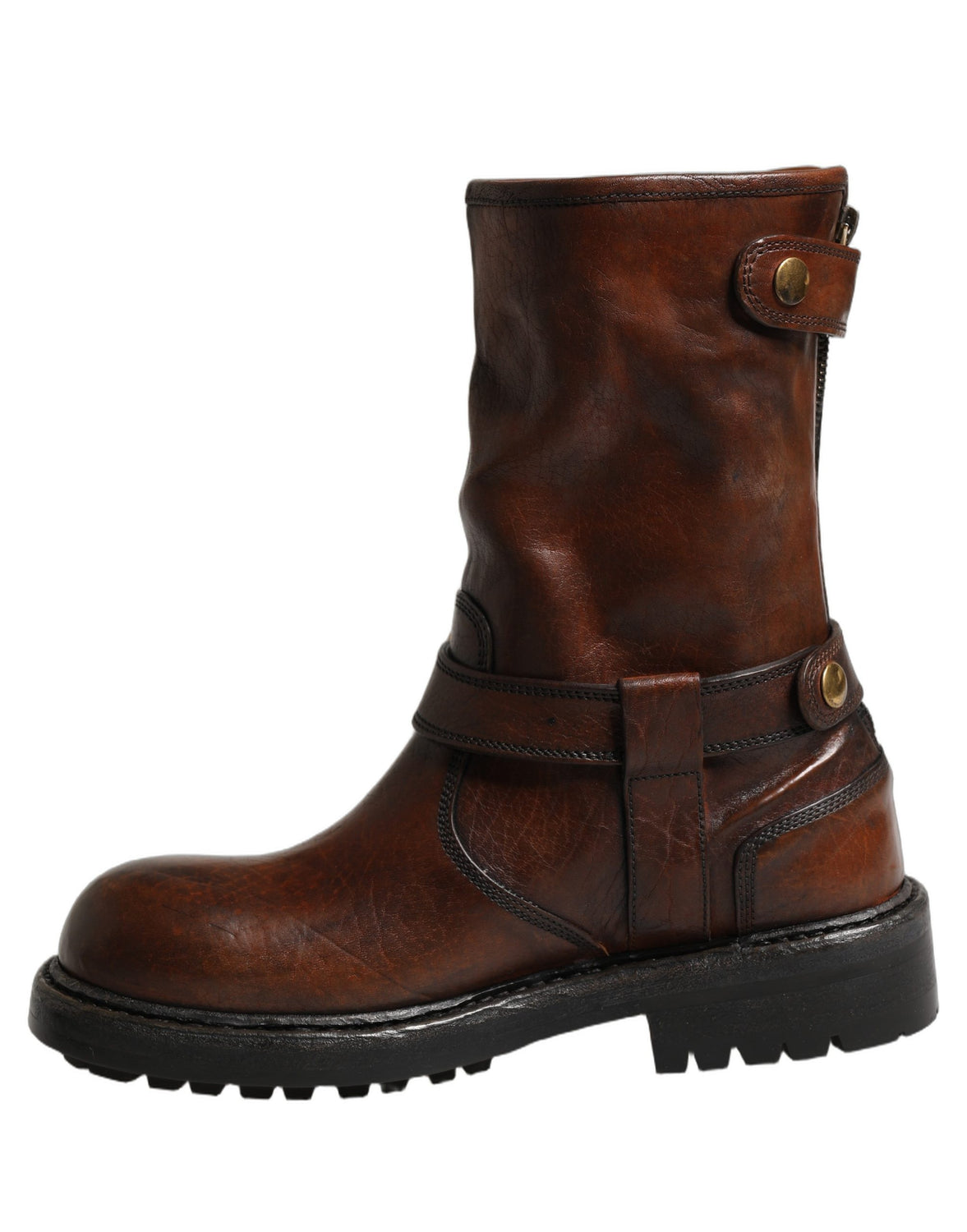 Brown Leather Mid Calf Biker Boots Shoes