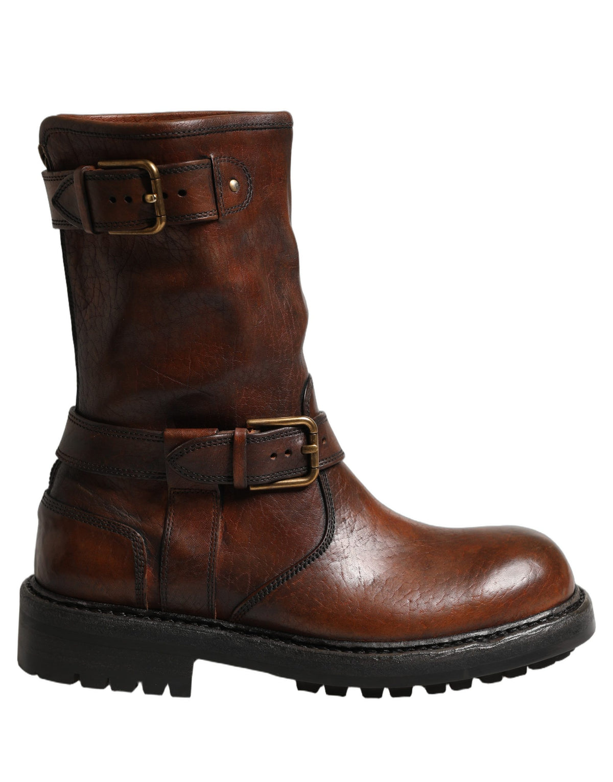 Brown Leather Mid Calf Biker Boots Shoes