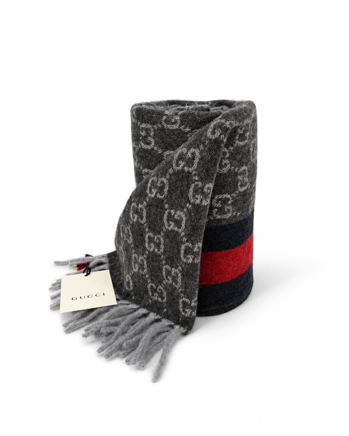 Monogram Charcoal Grey Cashmere & Wool Scarf with Red & Navy Stripe