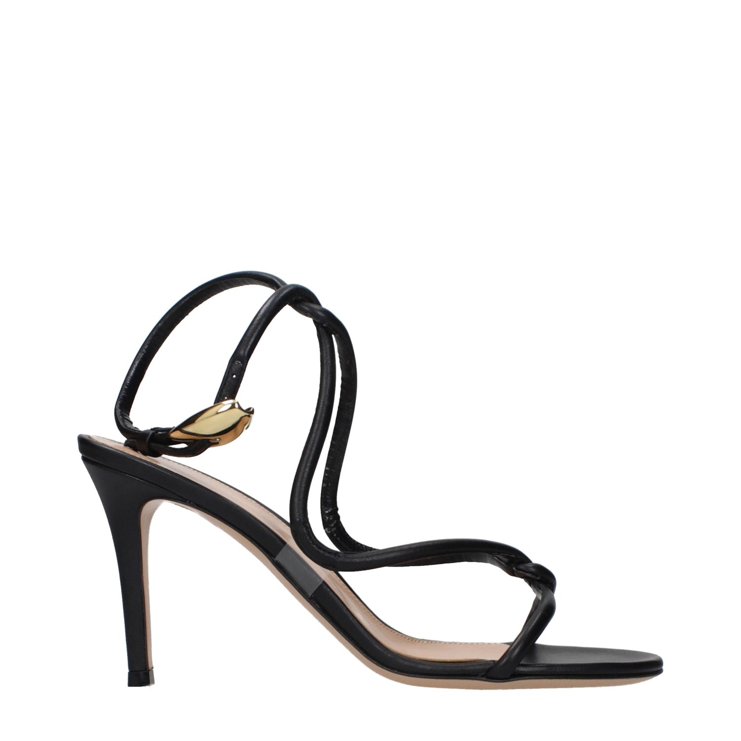 Black Leather Stiletto Heel Sandals