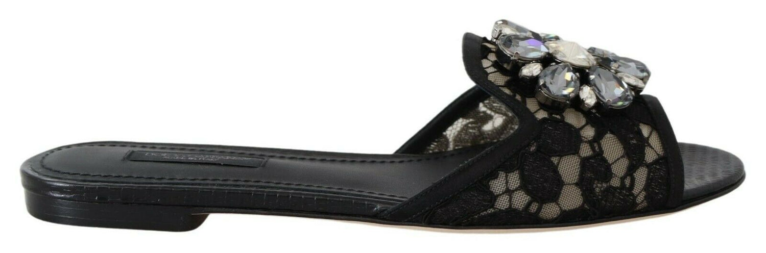 Black Taormina Lace Slides Crystals Flats Shoes