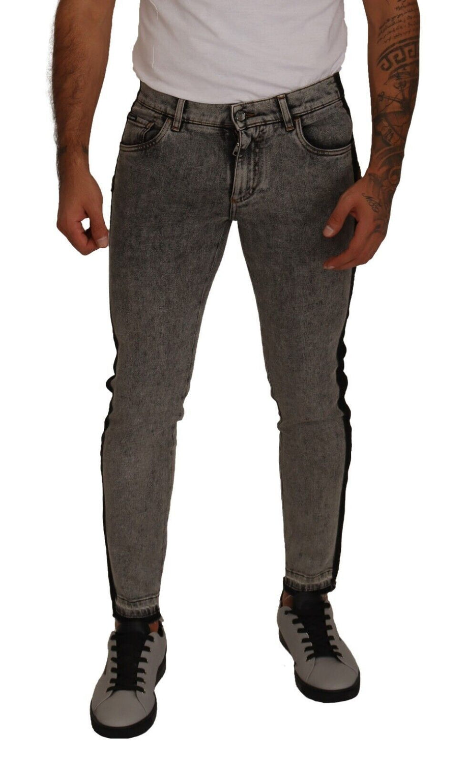 Gray Wash Crown Embellished Skinny Denim Jeans