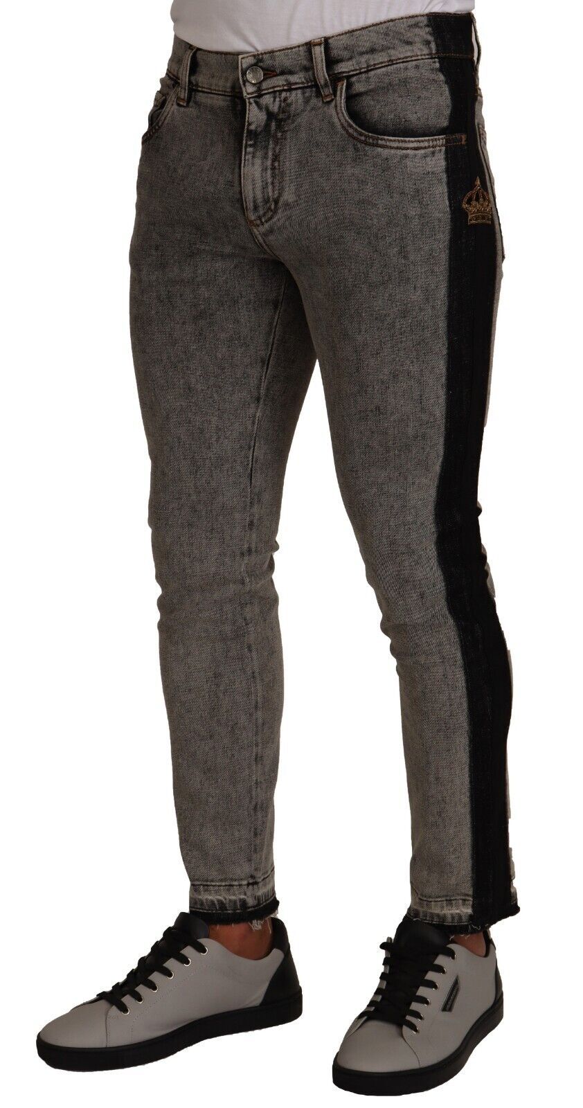 Gray Wash Crown Embellished Skinny Denim Jeans