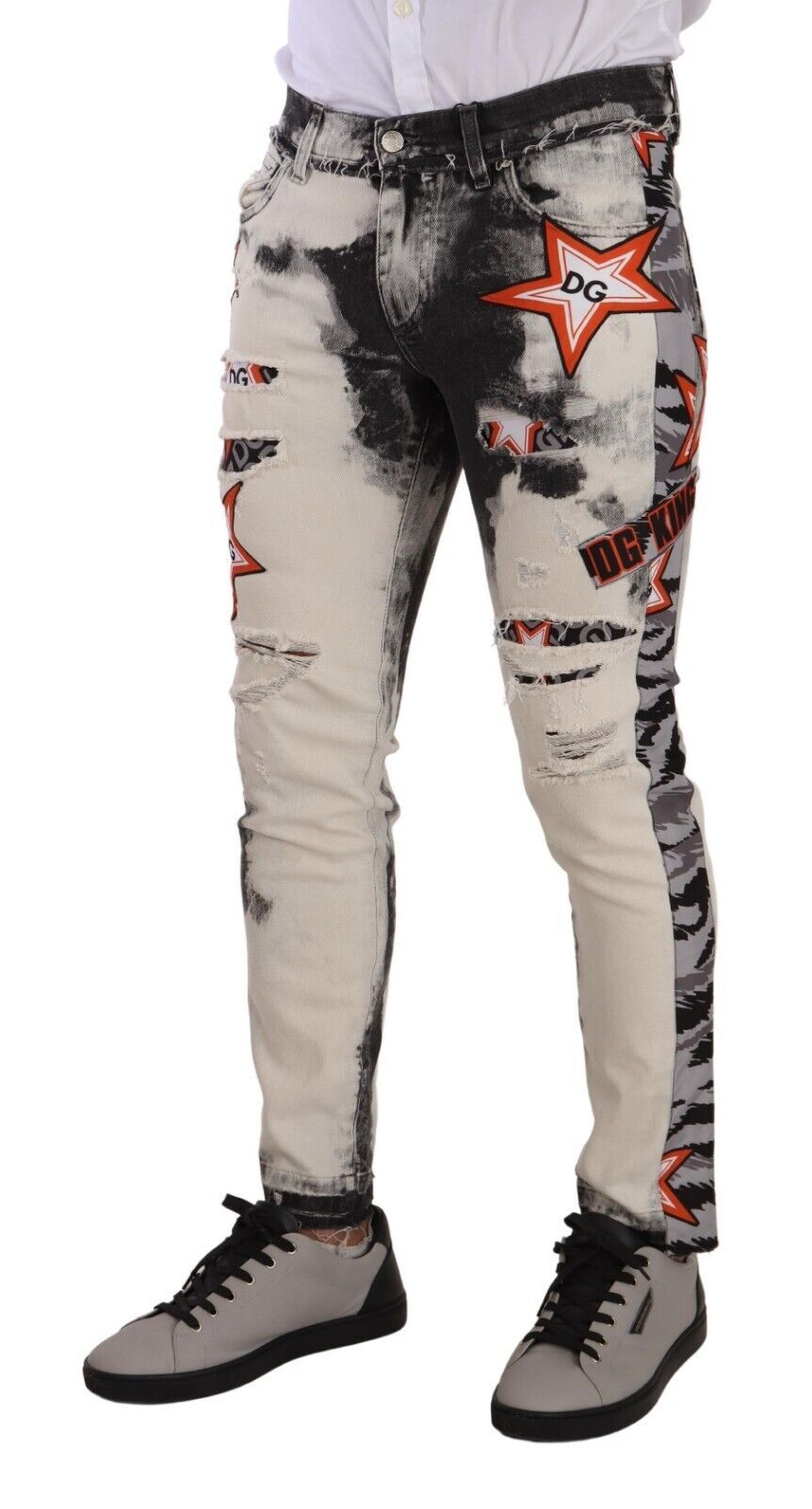 White Black Cotton Distressed Skinny Denim Jeans