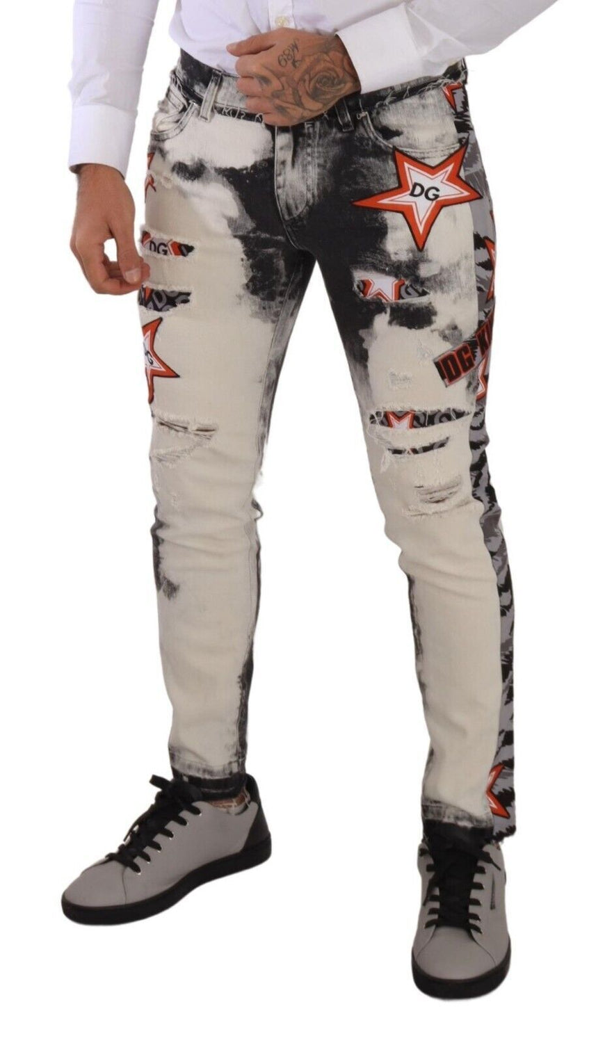 White Black Cotton Distressed Skinny Denim Jeans