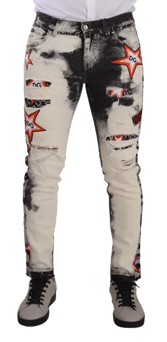 White Black Cotton Distressed Skinny Denim Jeans