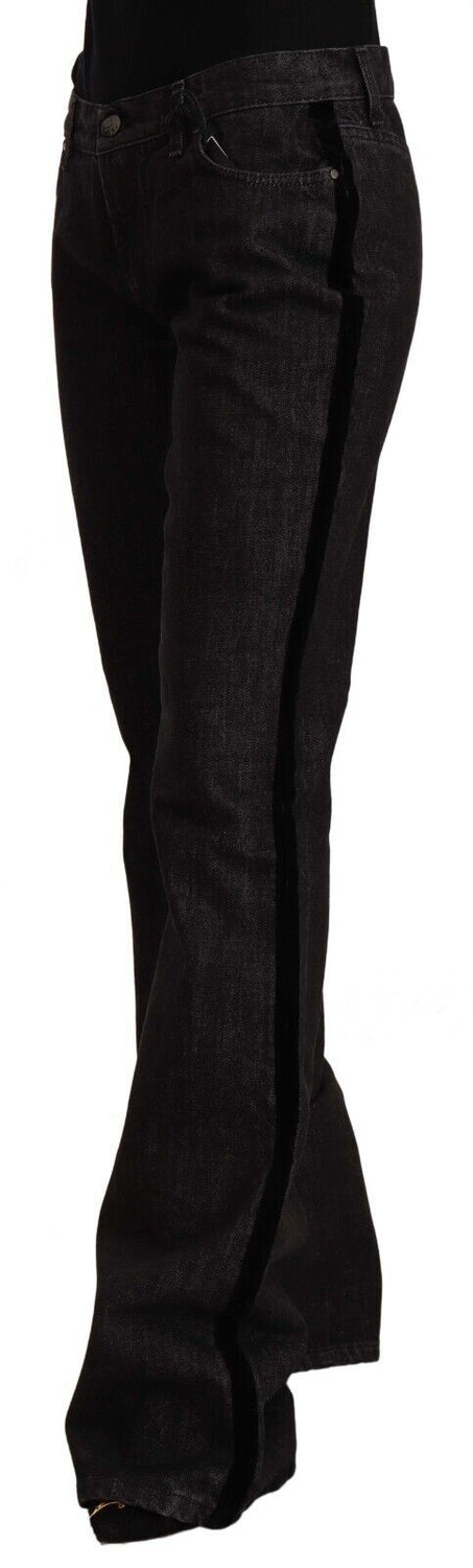 Black Mid Waist Cotton Denim Straight Boot Cut Jeans