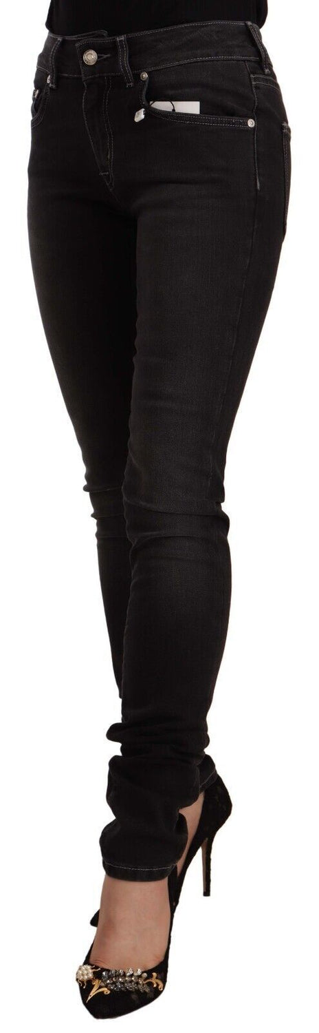 Black Washed Mid Waist Cotton Skinny Slim Fit Jeans