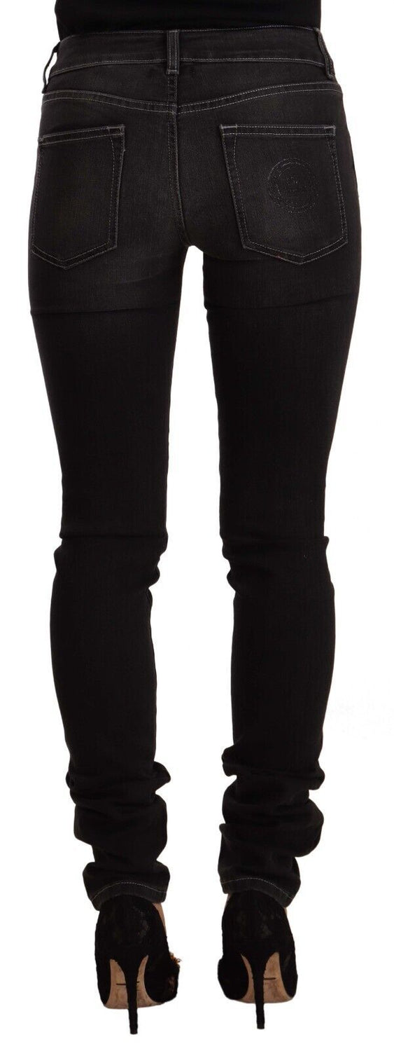 Black Washed Mid Waist Cotton Skinny Slim Fit Jeans