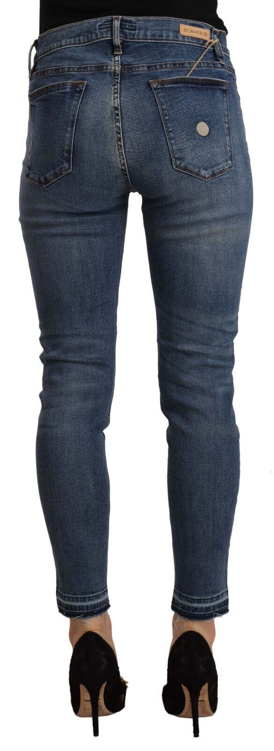 Blue Mid Waist Cotton Denim Slim Fit Cropped Jeans