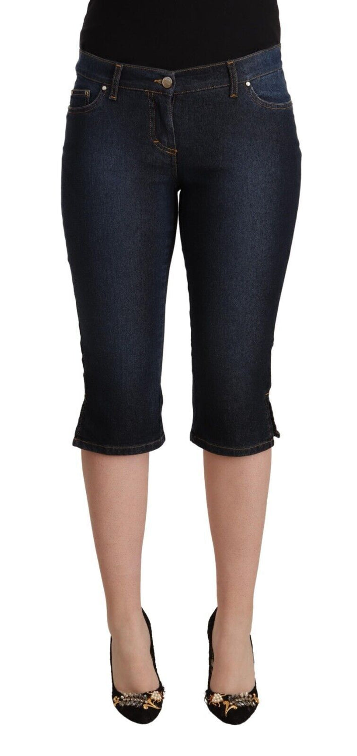 Blue Cotton Stretch Low Waist Slim Capri Denim Jeans