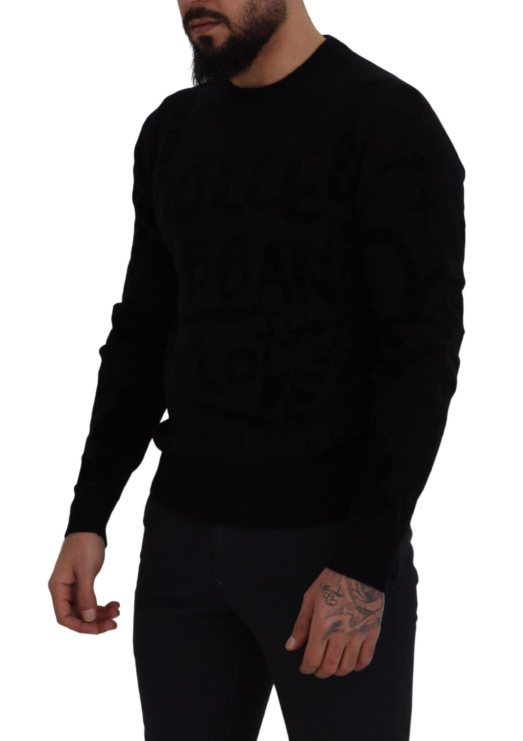 Black Wool Logo Pattern Crewneck Pullover Sweater