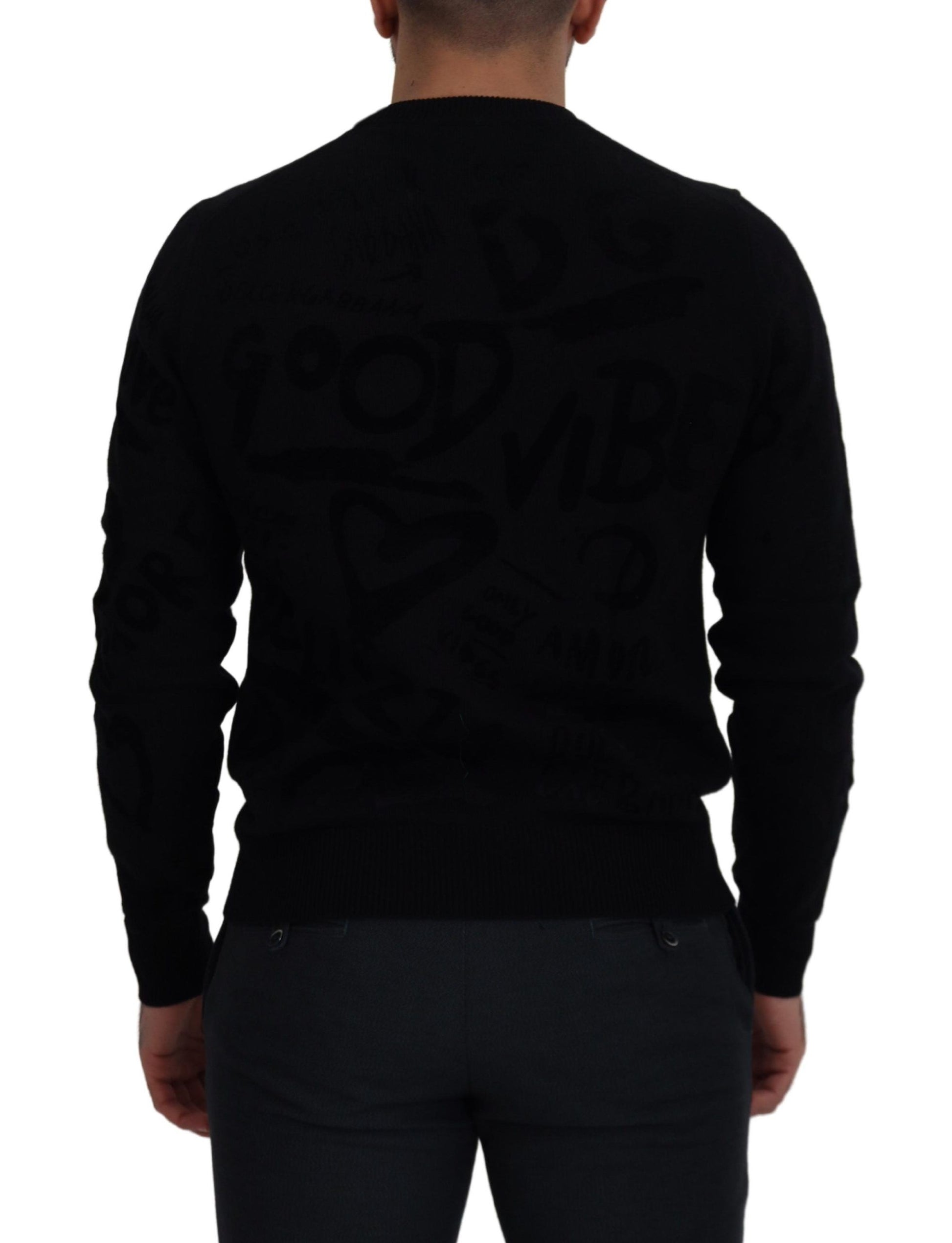 Black Wool Logo Pattern Crewneck Pullover Sweater