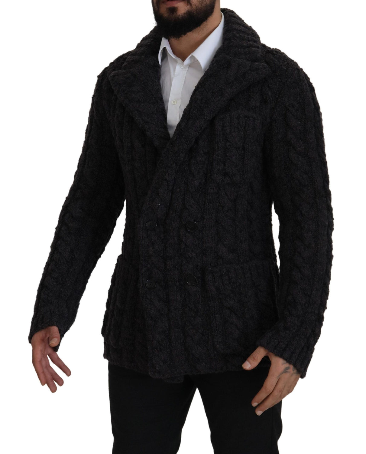 Black Wool Knit Double Breasted Coat Jacket