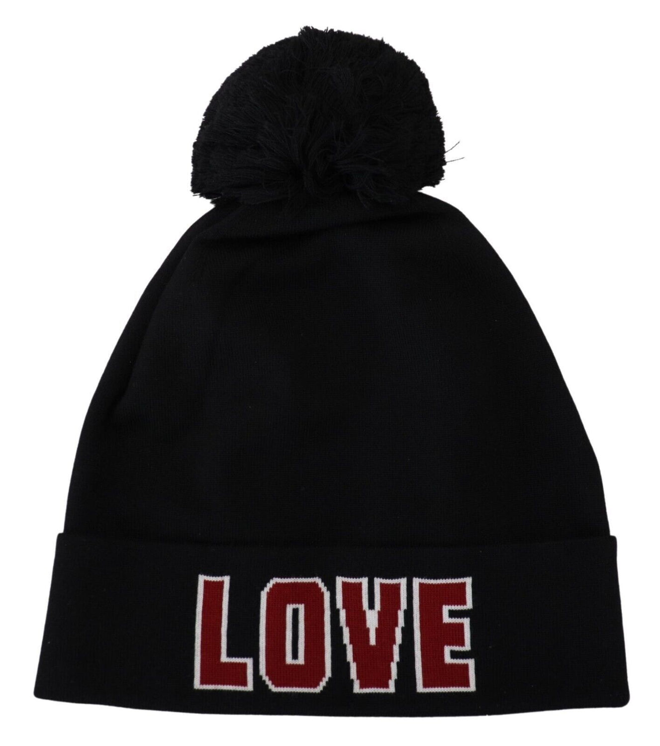 Black Wool Fur Ball DG Love Winter Beanie One Size Hat