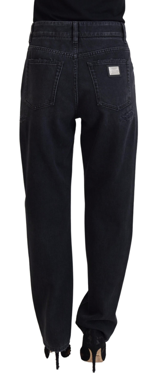 Black Cotton Tattered High Waist Denim Jeans