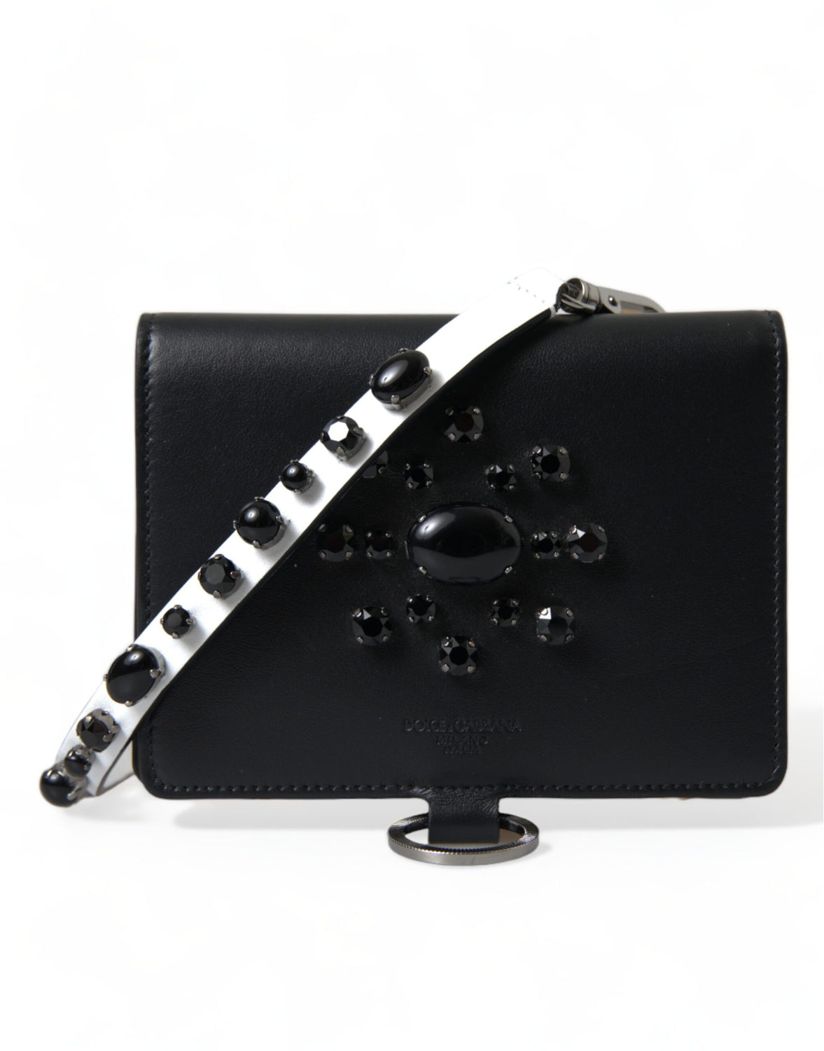 Black Leather Crystal Embellished Card Holder Wallet